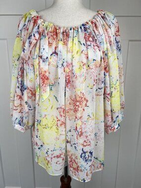 Cabi Watercolor Peasant Blouse Style 826 Women's L Floral Sheer Puff Sleeve